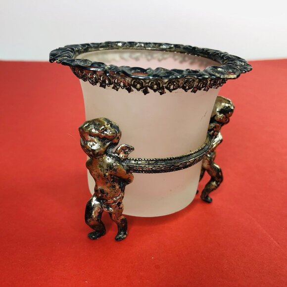 VTG Ormolu Ornate Cherubs Holding Opaline Bowl Small Flower Vase Candle Holder - Picture 2 of 12